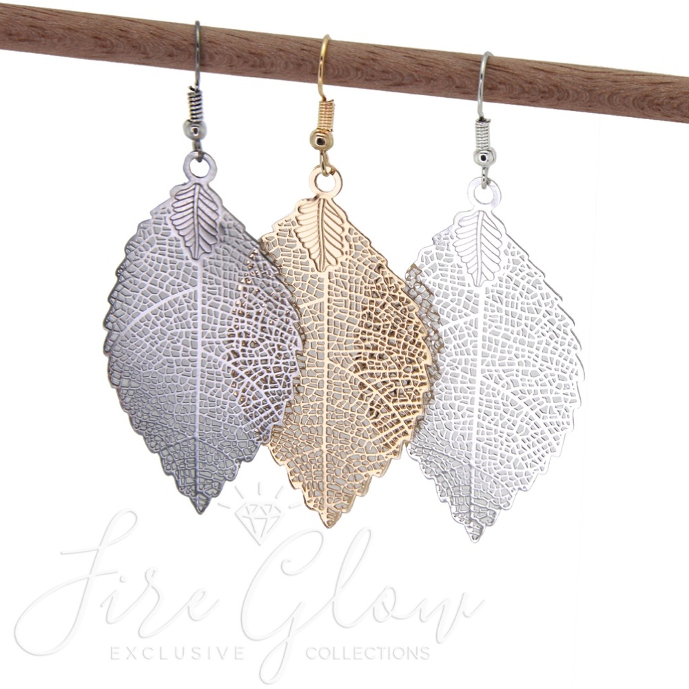 Boho Chic Polished Gunmetal Filigree Leaf Earrings - Picture 2 of 8
